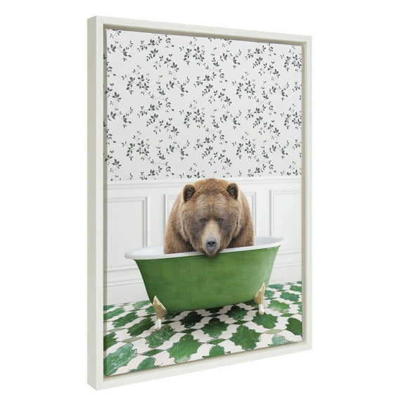 Kate and Laurel Sylvie Big Bear In Eclectic Green Bath Framed Canvas Wall Art by Amy Peterson Art Studio, 18x24 White, Fun Animal Art Bathroom Décor