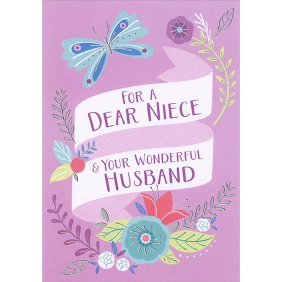 Designer Greetings Large Blue Butterfly with Silver Foil Accents and Flowers on Dark Pink Easter Card for Niece and Husband