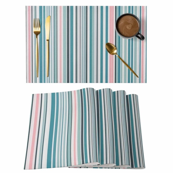 Colored Stripes Placemats Set of 6, Modern Abstract Pink Blue Turquoise Lines Placemats for Dining Table, Place Mats for Kitchen Tabletop, Waterproof Wipeable Dining Table Mats Set