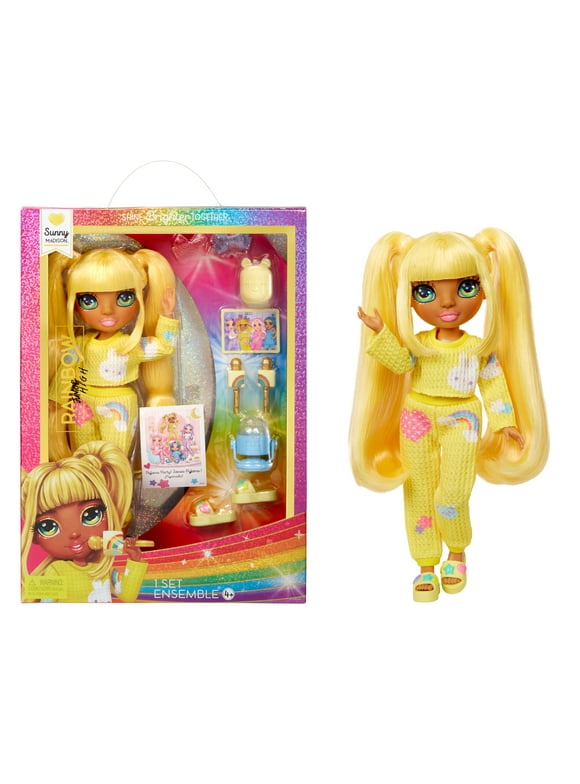 Rainbow High Jr High PJ Party Sunny, Yellow 9 Posable Doll, Soft Onesie, Slippers, Play Accessories, Kids Toy Ages 4-12