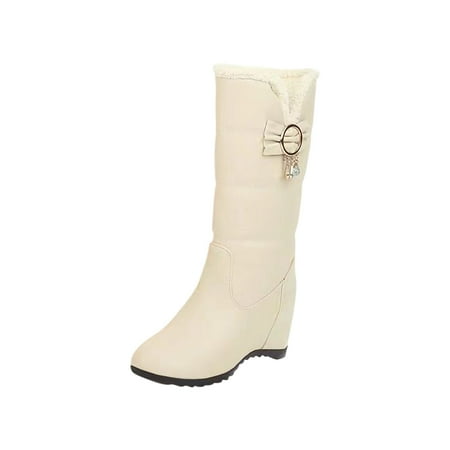 KIJBLAE Women s Winter Boots Faux Fur Lined Knee High Wedge Boots Warm Snow Boots with Bow Decoration Comfortable Slip On Shoes Outdoor Walking Boots Black Beige 39