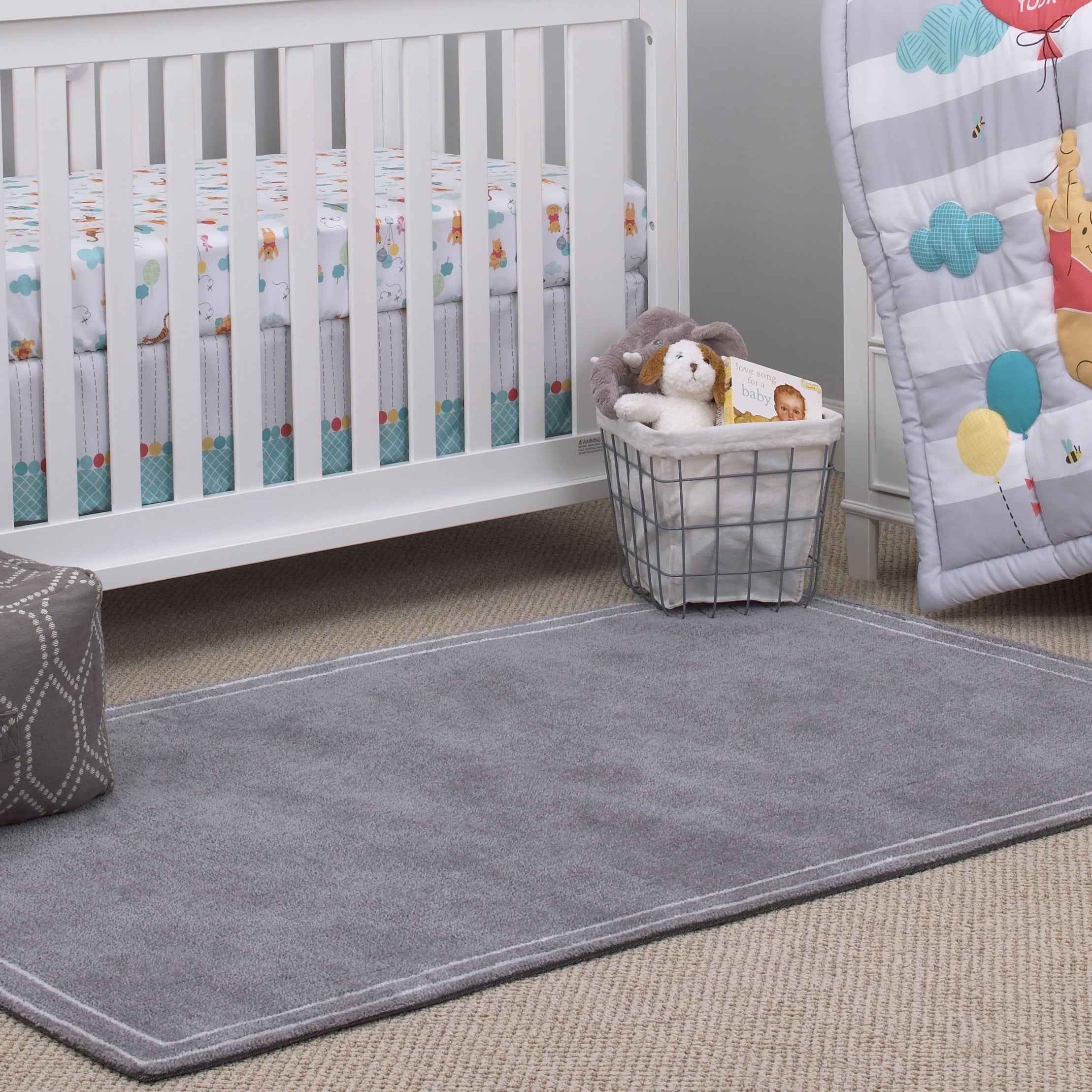 Little Love by NoJo Kids/Nursery Plush Grey Rug, 5'9" x 3'9", Grey with Stripe Border