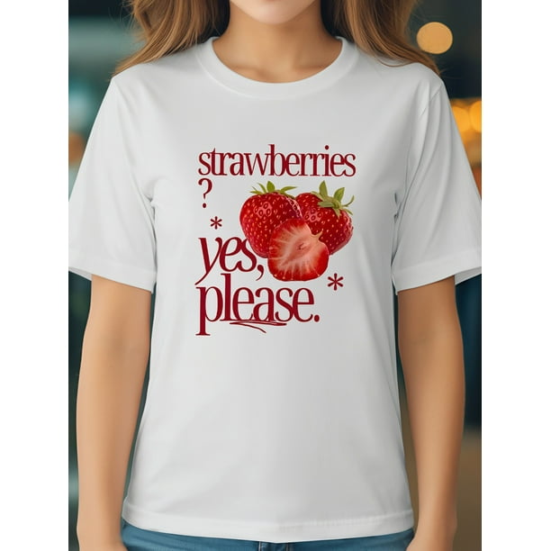Camiseta de algodón de verano para niña, cuello redondo informal con estampado de fresas, tejido de punto 95 % algodón, 5 % elastano, corte regular, ligera, 180 g/m² - Rosa, niña