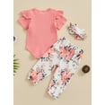 thumbnail image 4 of vera natura Baby Girl Summer Outfits Letter Print Short Sleeve Rompers Floral Print Long Pants Headband 3Pcs Clothes Set, 4 of 9