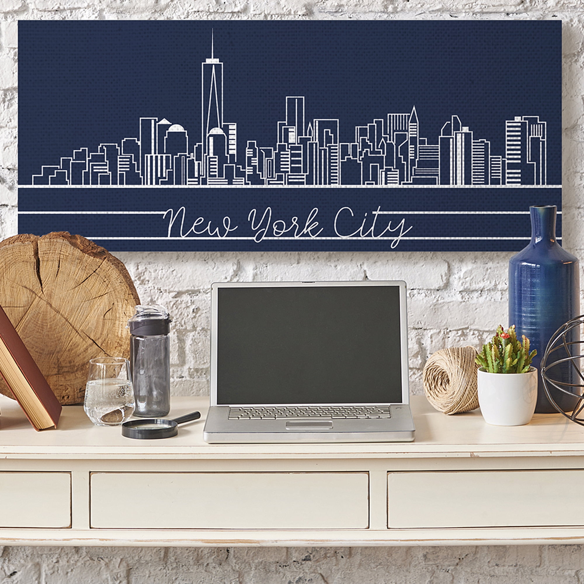 Stupell Industries New York City Skyline Deep Blue White Outline Canvas Wall Art, 20 x 48, Design by Daphne Polselli