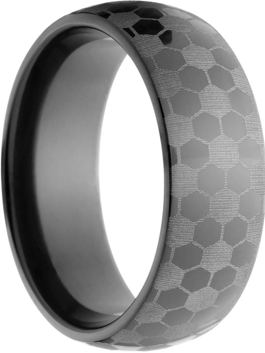 8mm Half-Round Black Zirconium Ring with a Lasered Soccer Design