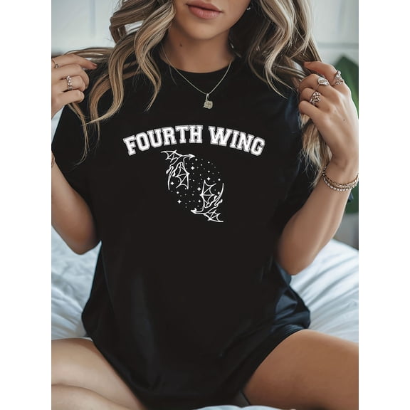 Fourth Wing Dragon Star Print Crew Neck Short Sleeve Casual T-Shirt