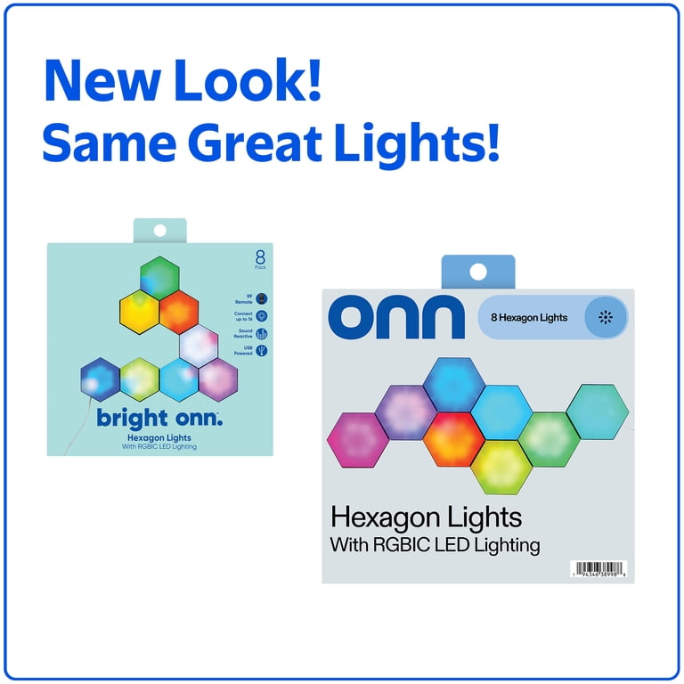 onn. Bright 8-Pack RGBIC Multi-Color Changing Hexagon Lights with