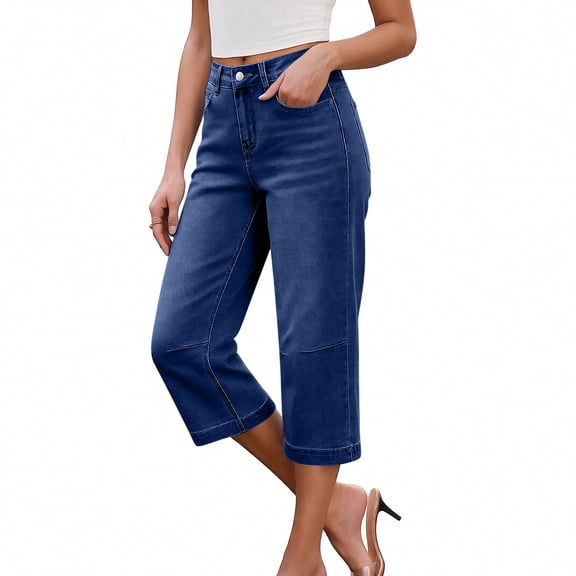 BRGZLK Wide Leg Capris Jeans for Women Summer Solid Color High Waisted Trendy Stretchy Straight Baggy Denim Capri Pants Dark Blue XXL