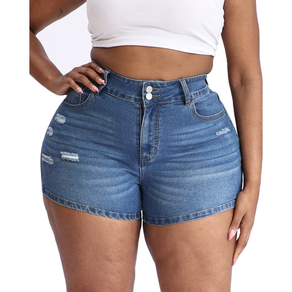 Gocolloa Plus Size Jean Shorts for Curvy Women Stretchy 3.5" Inseam Comfort High Waisted Denim Shorts Royal Blue 26W