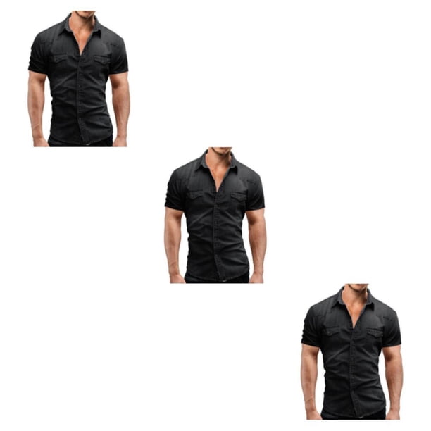 Minnieouse Camisa vaquera para hombre, bolsillos, delgada, ligera, elástica, manga corta, estilo americano, ropa informal de moda, camiseta Type1 NO1