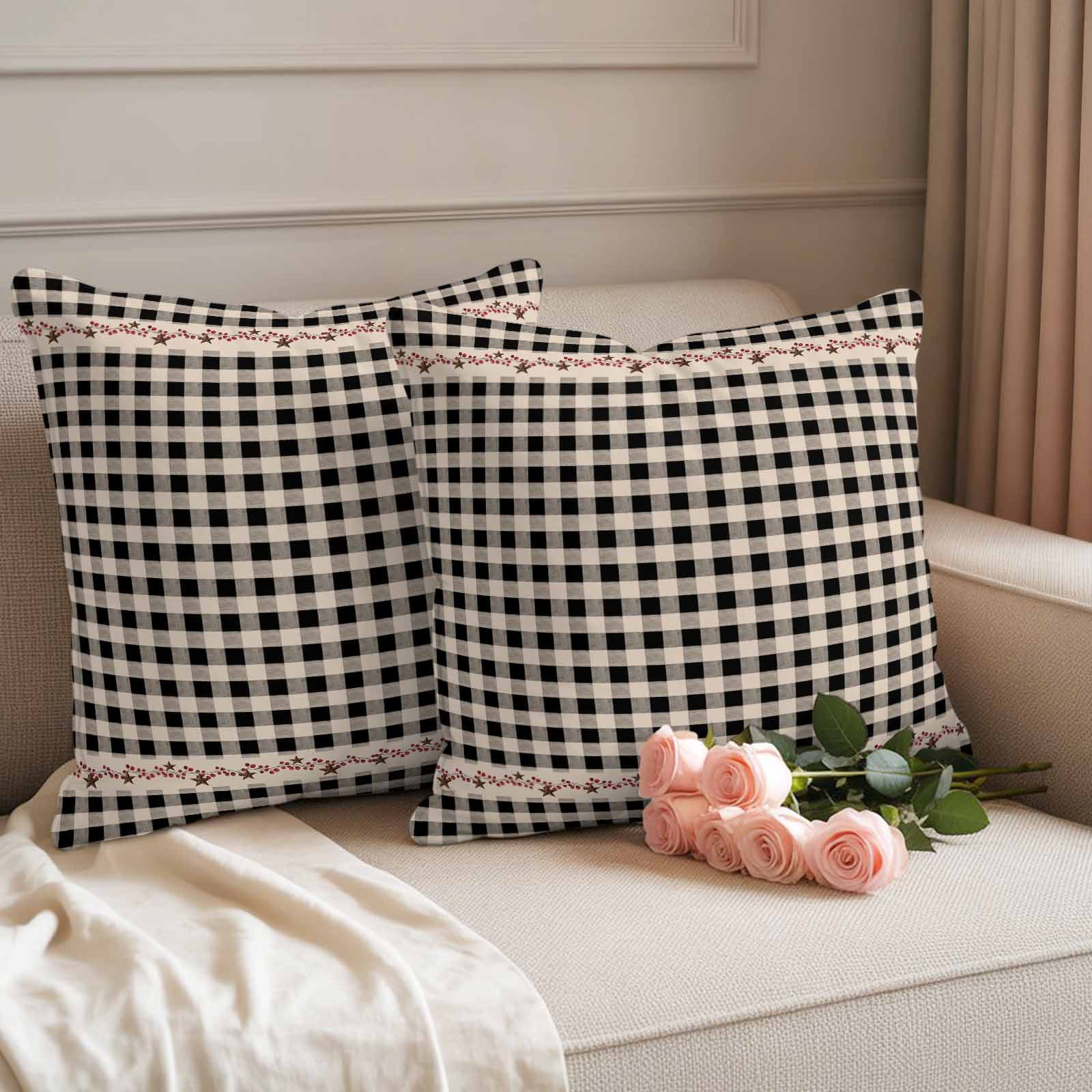 Country Star Plaid Outdoor Waterproof Pillow Covers, Black Retro American Farm Barn Berry Decorative Square Throw Pillowcase Sofa Cushion Sham for Patio/Couch/Chair, 16"x16" 2 Pack