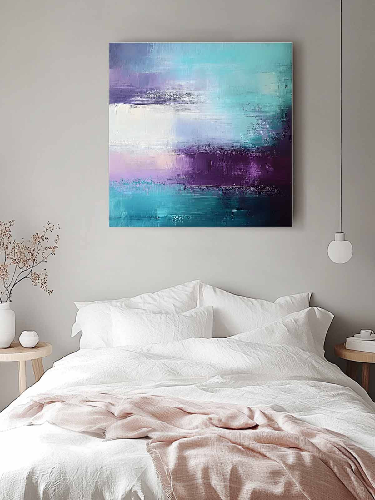 Purple Teal Canvas Wall Art, Mottled Graffiti Color Block Abstract Geometric Framed Wall Decor Modern Artwork Prints Painting for Living Room, Bedroom, Kitchen & Cafe Decor 16x16 Inch