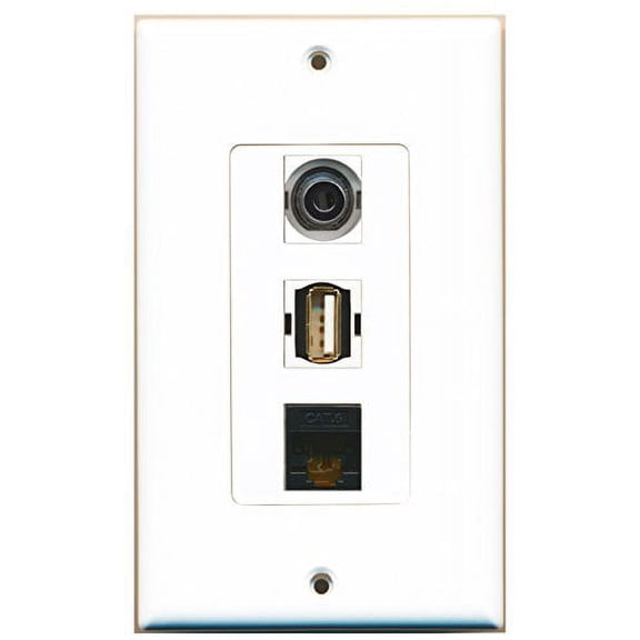 RiteAV - 1 Port USB A-A and 1 Port 3.5mm and 1 Port Cat6 Ethernet Black Decorative Wall Plate Decorative