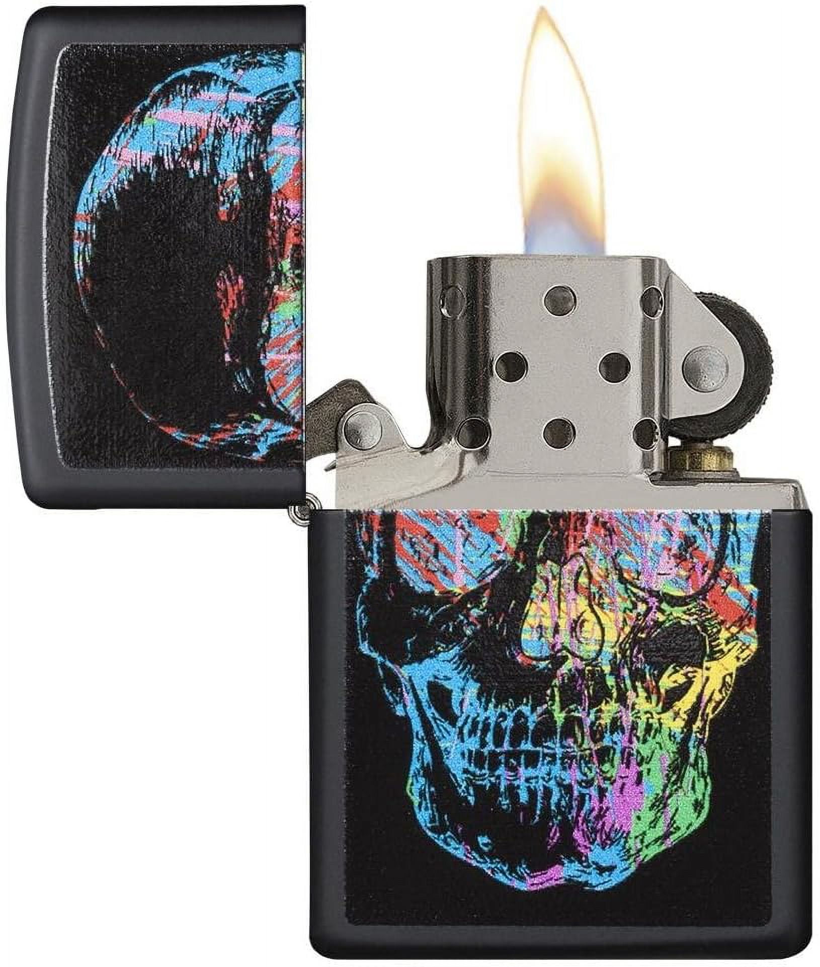 Zippo Lighter - Personalized Message Engraved on Backside Black Matte Colorful Skull #28042