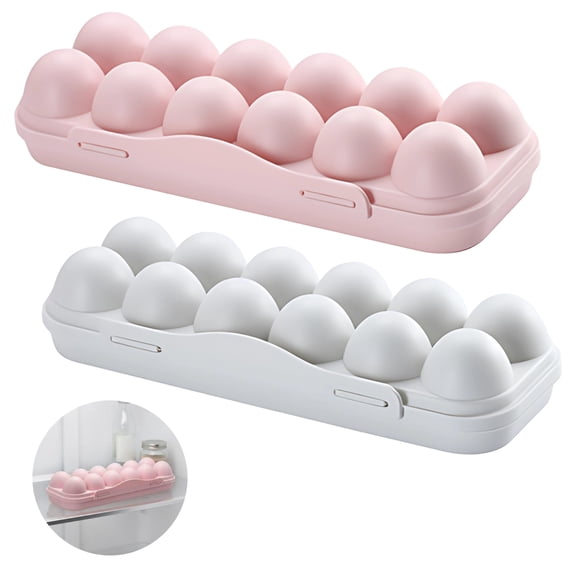 2 Pcs Egg Container, 12 Grid Stackable Plastic Holder Pink Gray with Lid, Portable Refrigerator Storage Box 11.8 x 4.3 x 2.6 in