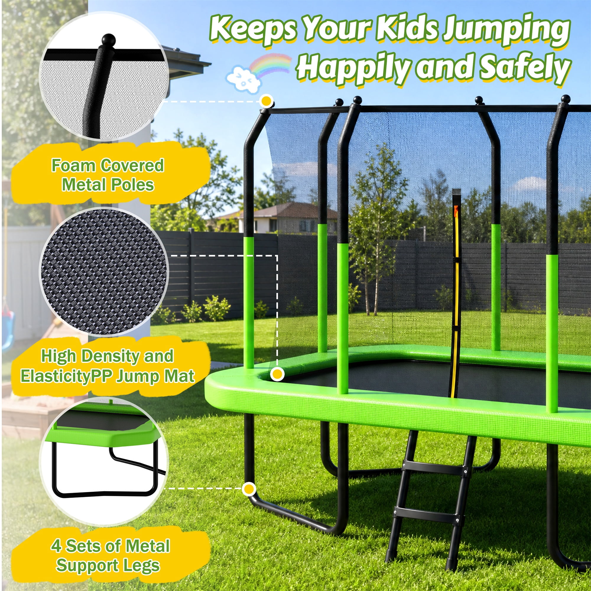 Alvantor 8x14 ft Rectangle Trampoline for Kids, Outdoor Trampolines with Enclosure Net for Gymnastics Green