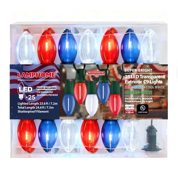 LAMPHOME Outdoor Patriotic String Lights, 25FT C9 Vintage LED String Lights - 25 Red/White/Blue LEDs on Green Wire for Christmas Garden Patio Backyard Party Decor