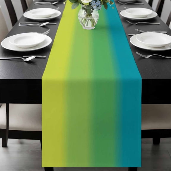 Color Ombre Striped Table Runner, Minimalist Blue Green Yellow Gradient Washable Cotton-linen Table Runners Dining Kitchen Decoration for Everyday Home Wedding Party Decor, 13 x 90 Inch