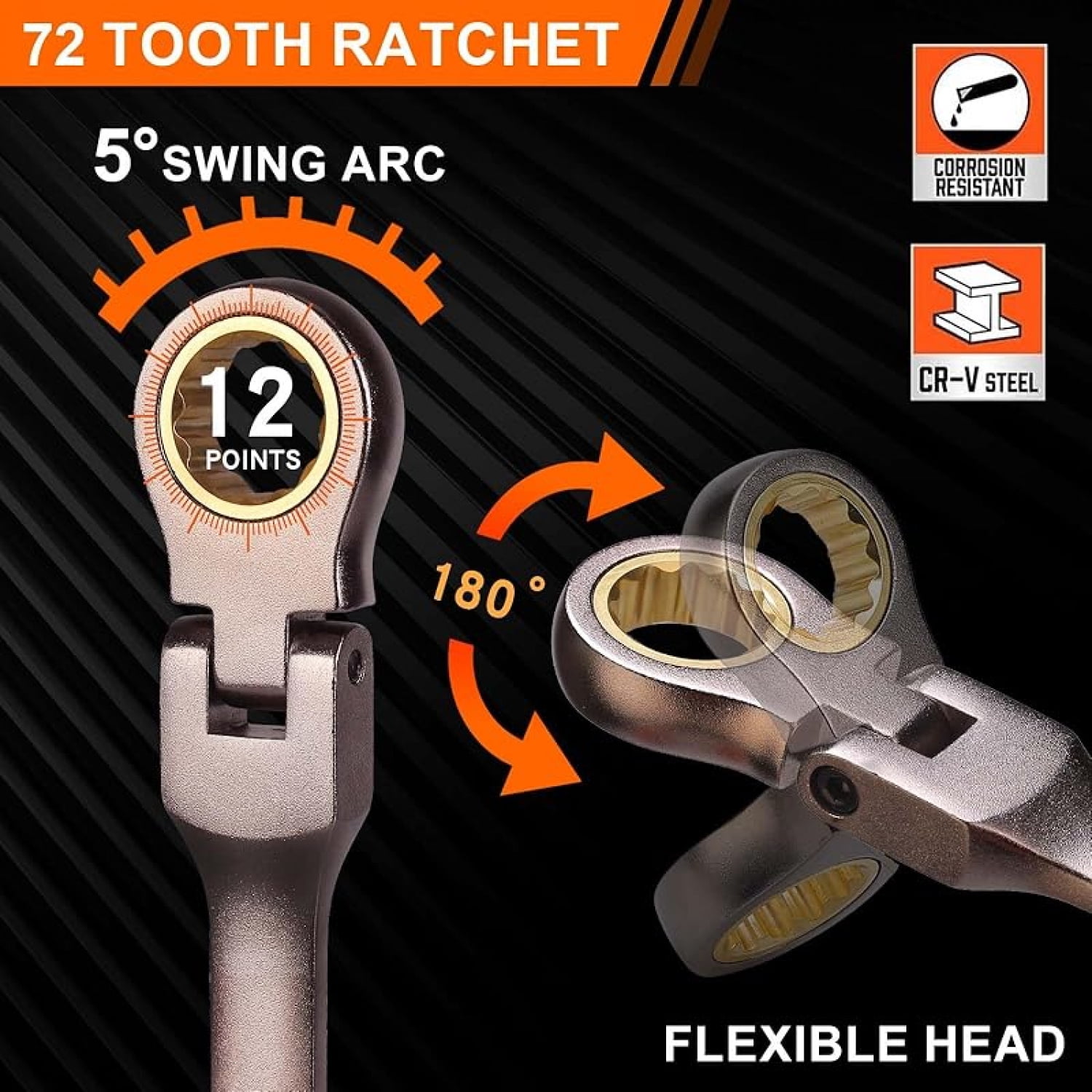 Flexible Ratcheting Wrench Set 12pcs Metric 8-19mm Flex-Head Spanner Gear Ring Ratchet Combination Wrenches Kit with Portable Organizer