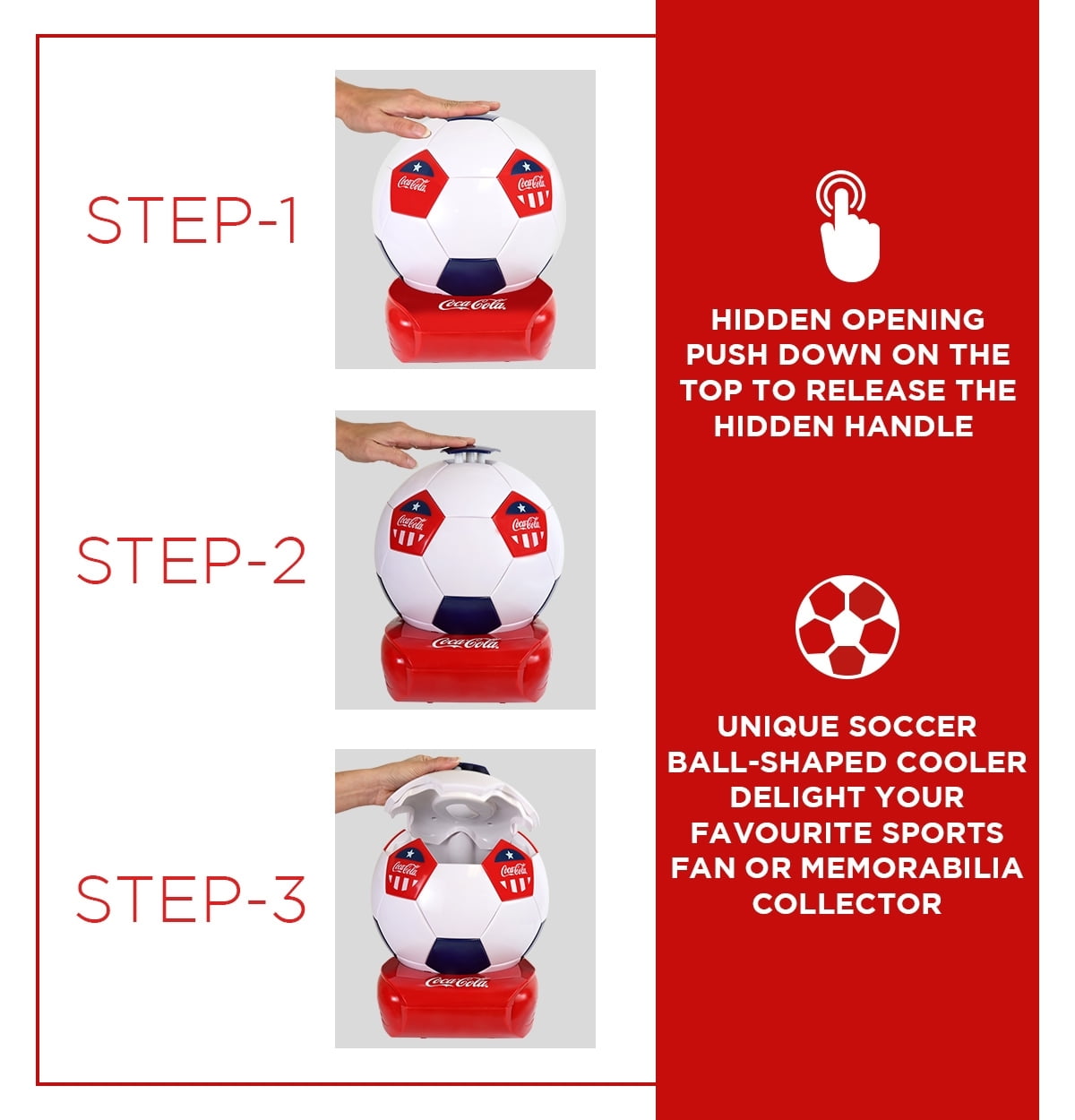 Coca-Cola Soccer Ball Mini Fridge, 5 Can Beverage Cooler White Red Black