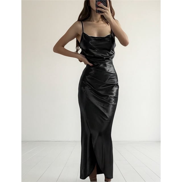 Vestido de satén sexy y elegante con abertura y escote bajo