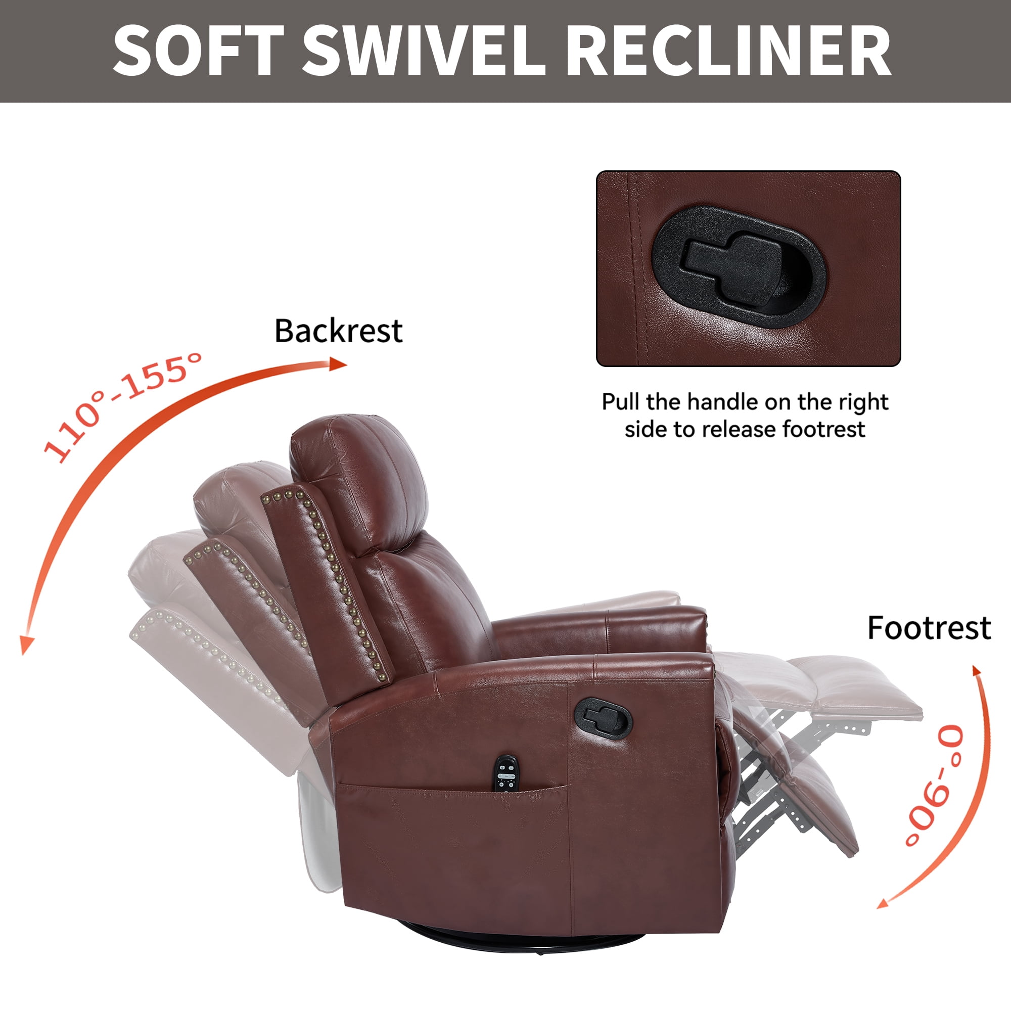 Leumius Swivel Rocker Recliner Chair with Vibration Massage and Lumbar Heating,Rivet Design Lounge Chair with Rocking Function and Side Pocket for Living Room,Deep Red