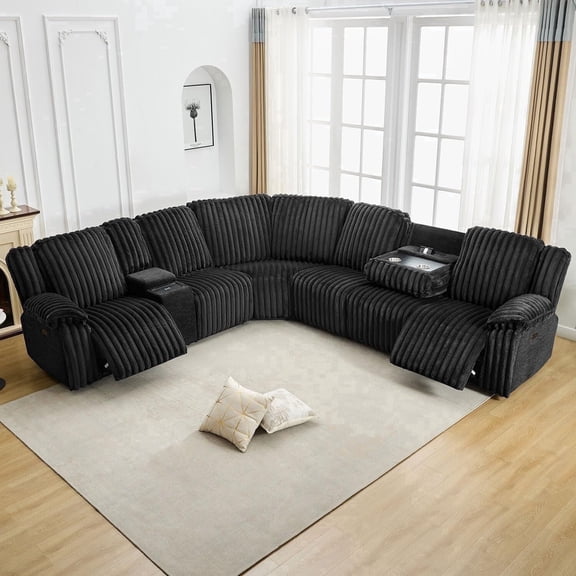EWIKOR Faux Fur Power Reclining and Wireless Charger Sectional Sofas with Hidden Cup Holders and Storage Console, Black