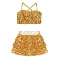 thumbnail image 5 of Nyeemya Girls 2 Piece Sequin Ballet Latin Jazz Dance Outfit Metallic Cross Back Cami Crop Top with Skirt Gold 6, 5 of 7
