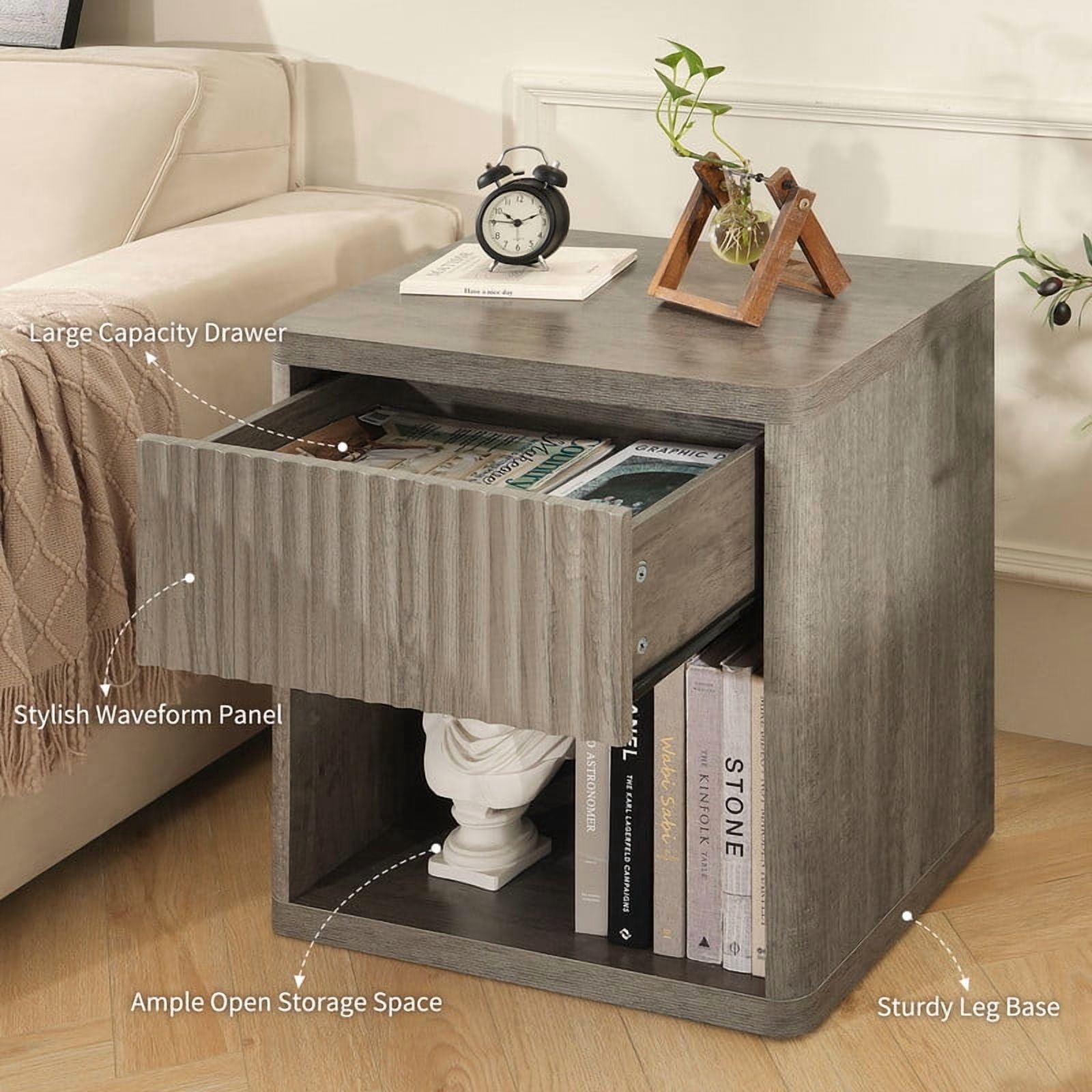 Fluted Nightstand with Drawer, Bedside Tables with Open Storage, Large Wood Night Stand for Bedroom Living Room, Grey