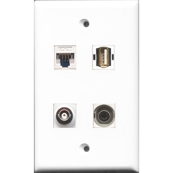 RiteAV 1 Port USB A-A and 1 Port 3.5mm and 1 Port BNC and 1 Port Cat5e Ethernet White Wall Plate