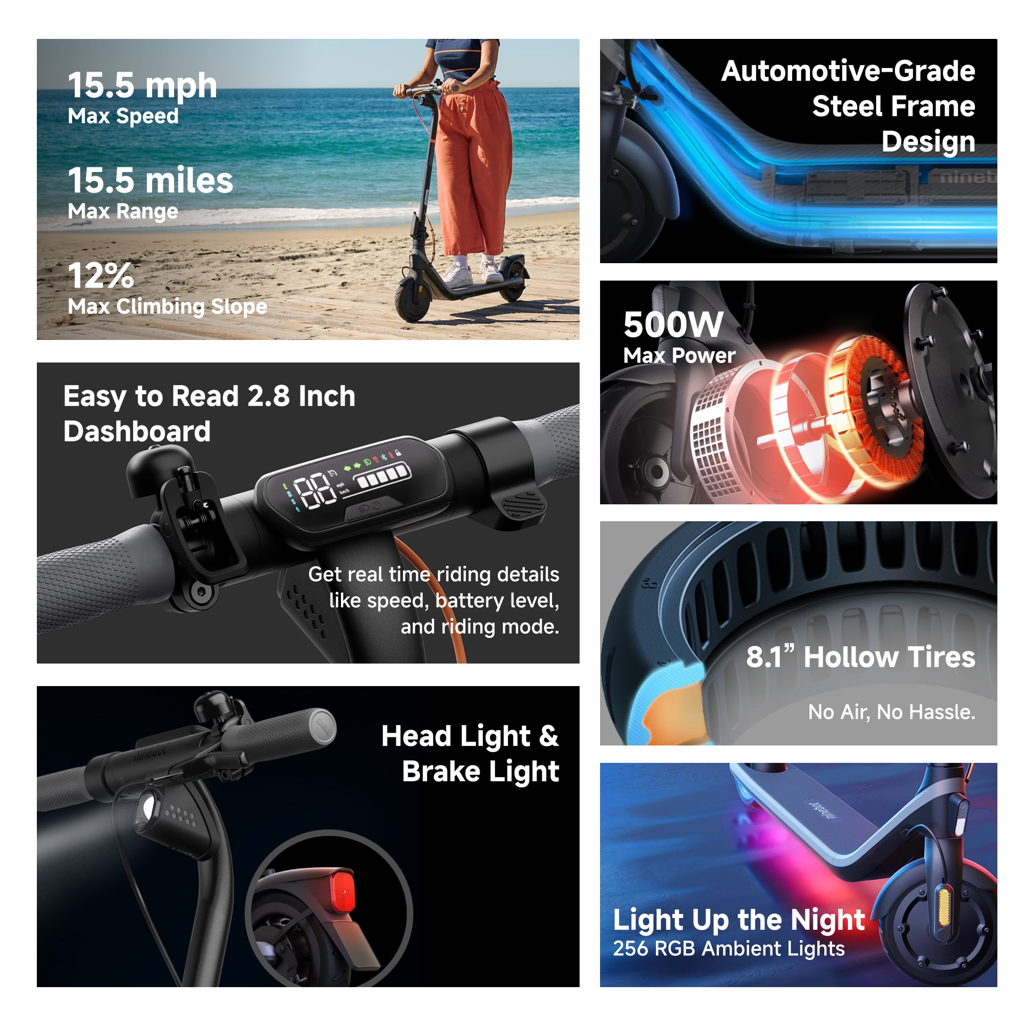 Segway DLX 2 Plus Electric Scooter, 15.5 mph Max Speed, 15.5 Mile Range, Teens and Adults, Black, UL Certified