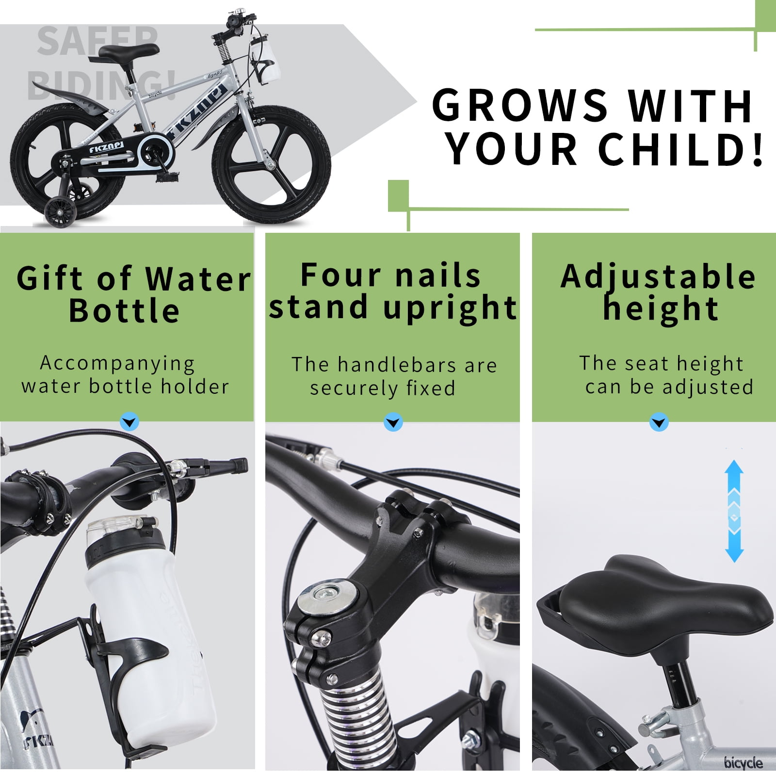 18" Kids Bike for Boys Girls, Toddler Bike with Training Wheels, Bicycle for Kids with Adjustable Seat, Water Bottle, Fits Riders 45"-57", Gray
