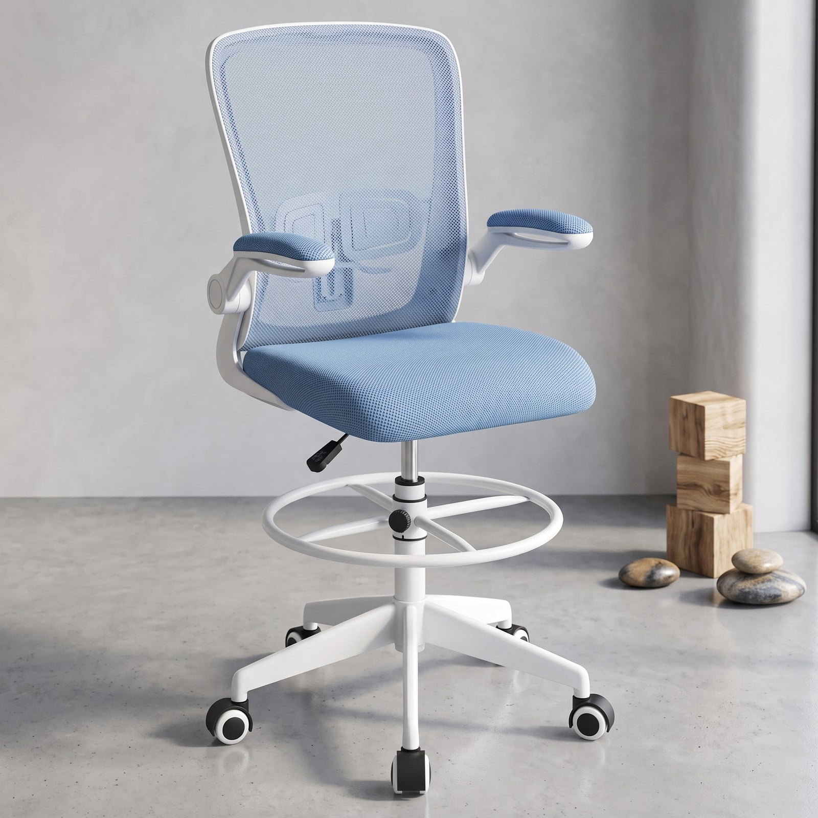 Furnibear Height Adjustable Drafting Chair with Flip-Up Arms for Home Office, Ergonomic Mesh Back Rolling Task Chair with Foot Ring and Lumbar Support, 360, Blue