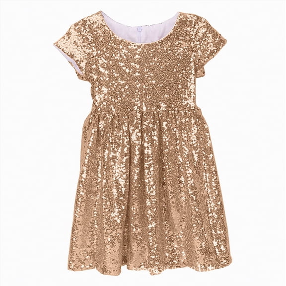 Taybagh Girls Party Dress Short Sleeve Sequin Bridesmaid Wedding Gown Rose Gold Sparkly Clothes for Kids Girls Bow Dress