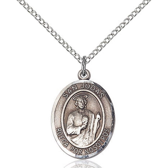 Sterling Silver San Judas Pendant 3/4 x 1/2 inches with 18 inch Sterling Silver Curb Chain
