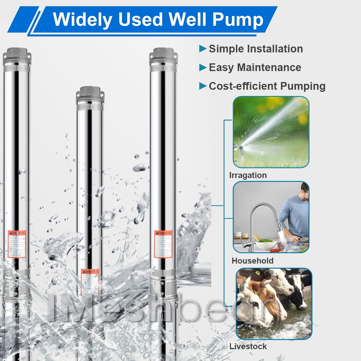 iMeshbean Deep Submersible Well Pump 1 HP Submersible Well Pump 110V Water Pump 37GPM 207ft Head with 100ft Electric Cable Stainless Steel Water Well Pumps Submersible w/ Bonus Outlet
