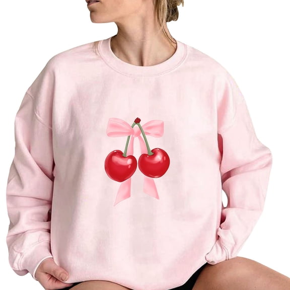 YUGYXL Womens Oversized Sweatshirts Casual Crewneck Long Sleeve Shirts Bow Cherry Printed Outfits Fall Comfy Clothes A Pink L