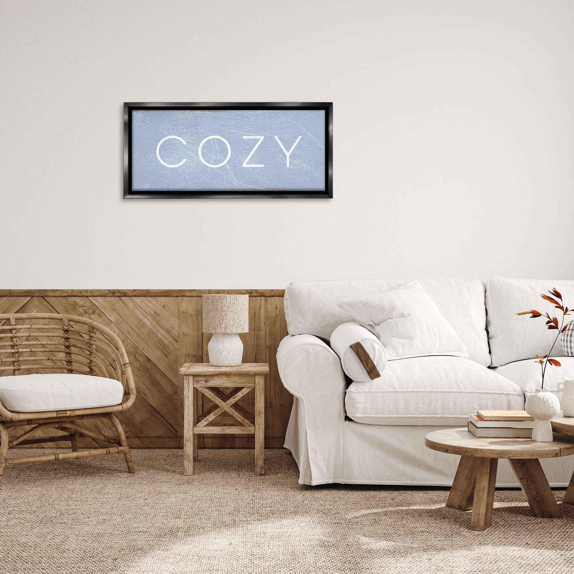 Stupell Industries Cozy Charming Distressed Phrase Typography Painting Black Floater Framed Canvas Art Print Wall Art, 31 x 14