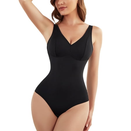 

Eleady Womens Tummy Control Thong Shapewear Bodysuit with Built in Bra Full Body Shaper V Neck Girdle Fajas Colombianas(Black Large)