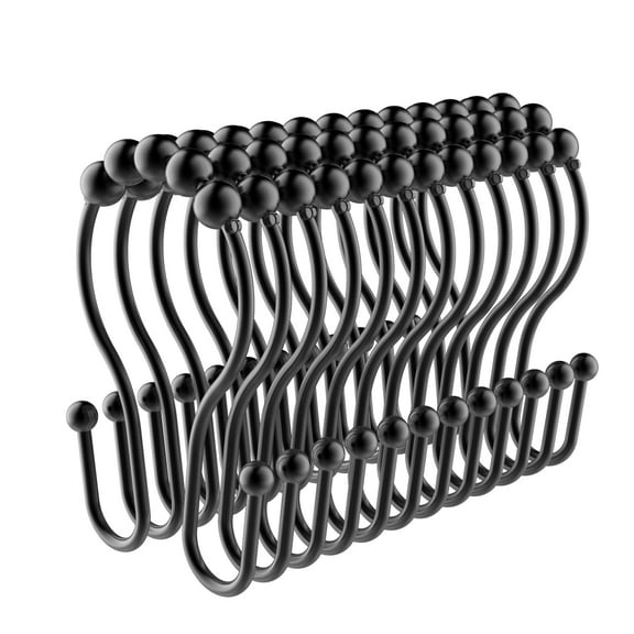 HVSEBOTO 12 Pack Brushed Matte Black Shower Curtain Ring Hooks, Easy Glide Metal Rollerball Double Shower Hook