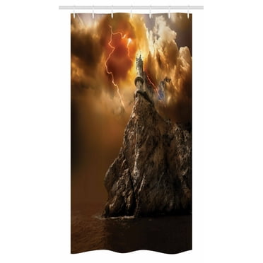 Fantasy Stall Shower Curtain, Fantasy Castle on Top of the Cliff with Thunder Supernatural Place Fiction Print, Fabric Bathroom Set with Hooks, 36W X 72L Inches Long, Orange Brown, by Ambesonne