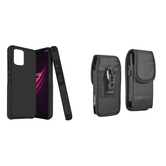 Case and Pouch Bundle for REVVL 6 5G: Dual Layer Slim Case (Black) and Vertical Rugged Nylon Belt Holster