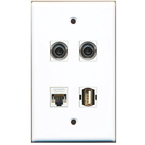 RiteAV - 1 Port USB A-A 2 Port 3.5mm 1 Port Cat5e Ethernet White Wall Plate