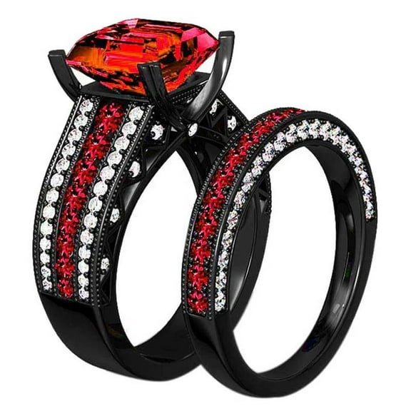 GY Black Gold Plated Red 1.5CT CZ Women Wedding Ring Sets 2pcs Engagement Ring for Woman