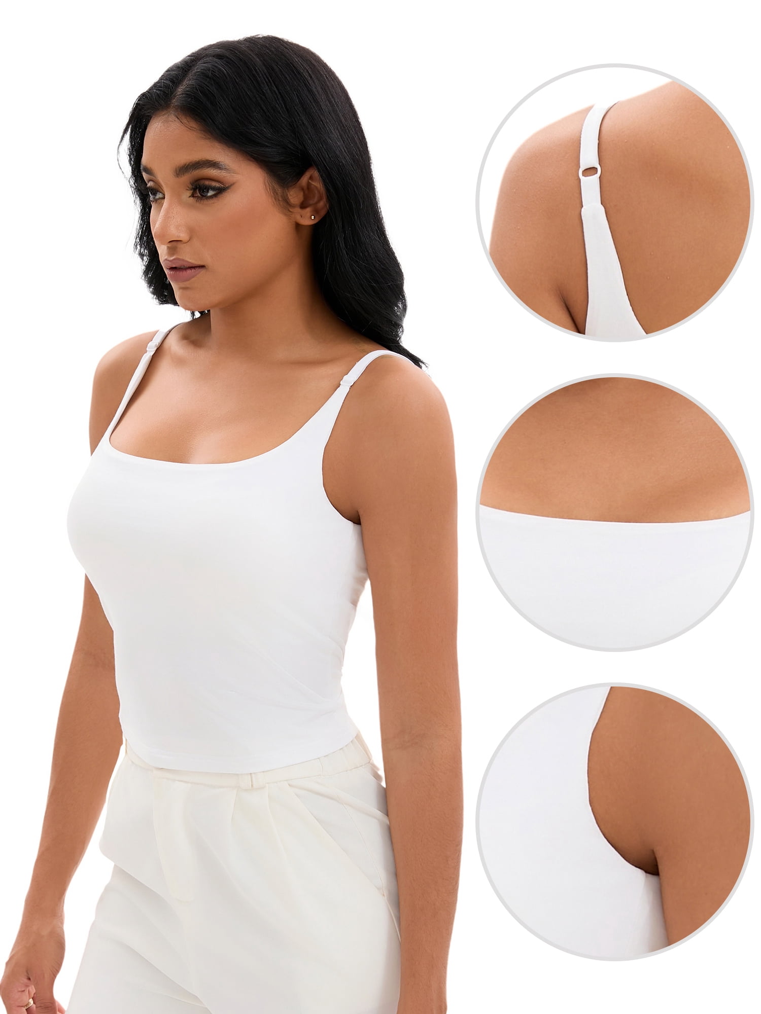 DARING DIVA Women's Shelf Bra Tank Adjustable Spaghetti Strap Camisole S White