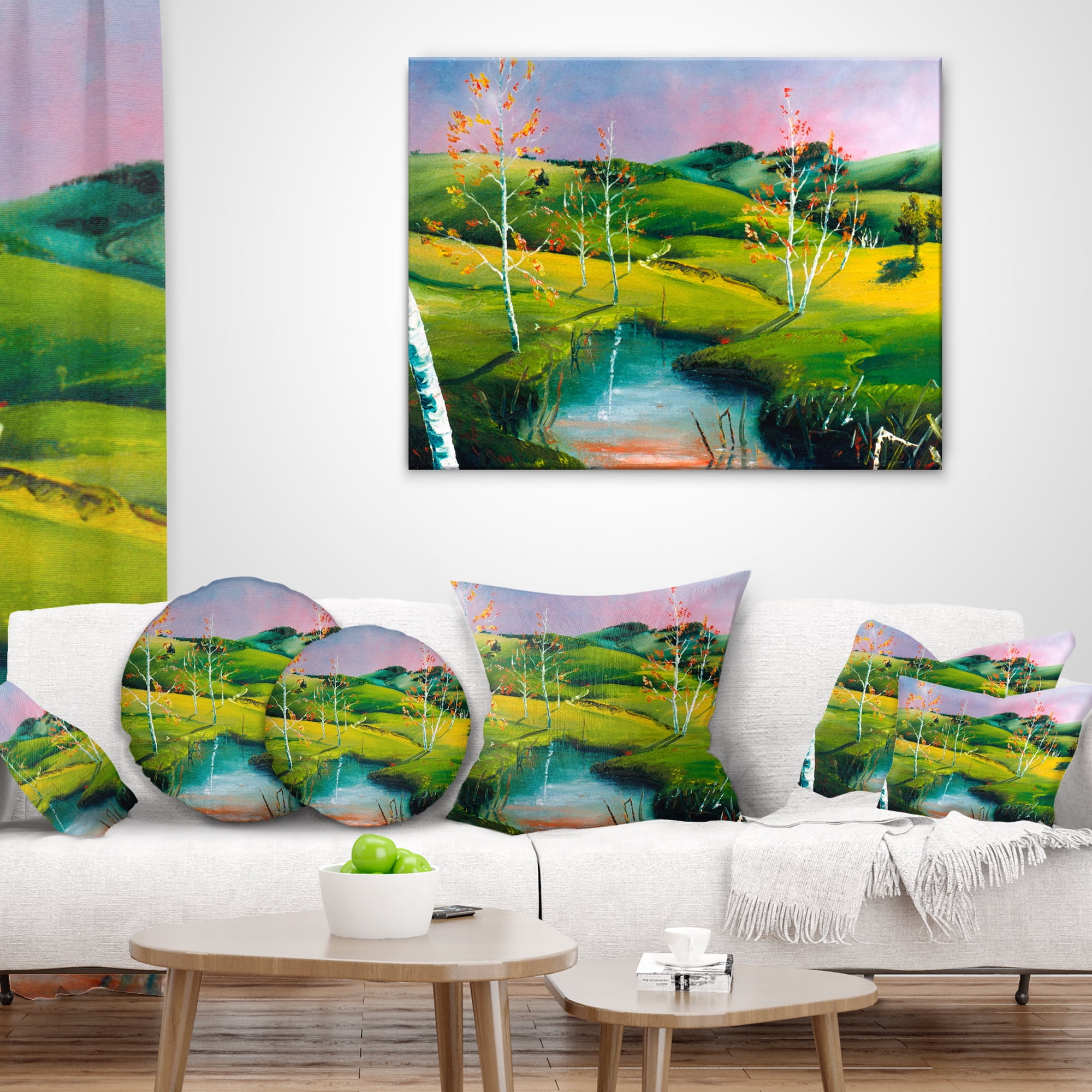 Designart Endless Green Pastures - Landscape Painting Throw Pillow - 18x18