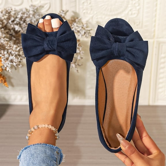 Crunowin Women's Peep-Toe Bow Loafers, Bowknot Design Soft Sole Fish-Mouth Toe Trendy Slip-On Flats Navy