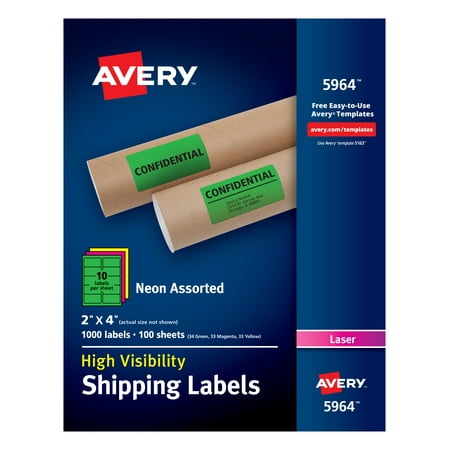 Avery(R) High-Visibility Neon Shipping Labels for Laser Printers 2 x 4, Assorted Colors, Box of 1,000