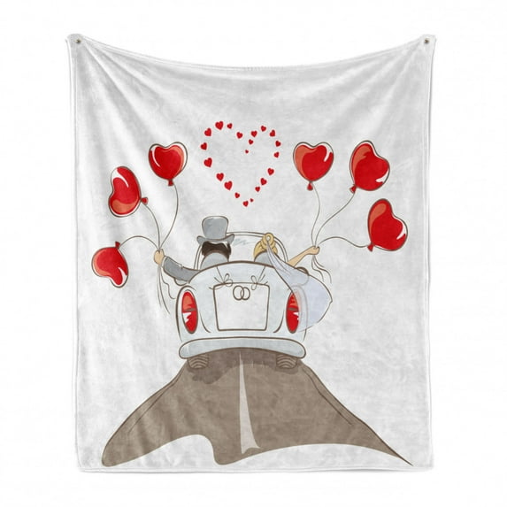 Wedding Soft Flannel Fleece Throw Blanket, Newlywed Couple in Vintage Car with Heart Shaped Balloons Drawing Art Print, Cozy Plush for Indoor and Outdoor Use, 70" x 90", Red Taupe White, by Ambesonne
